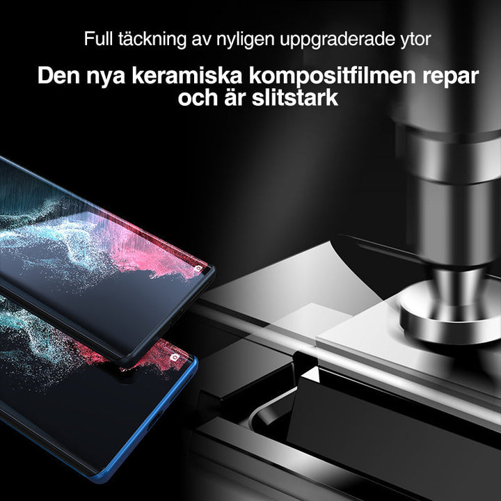 "3D-böjd hybridglas skärmskyddsfilm och återanvändbar installationslåda för Galaxy S23 Ultra skärmskydd."
