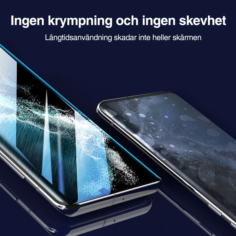 "3D-böjd hybridglas skärmskyddsfilm och återanvändbar installationslåda för Galaxy S23 Ultra skärmskydd."