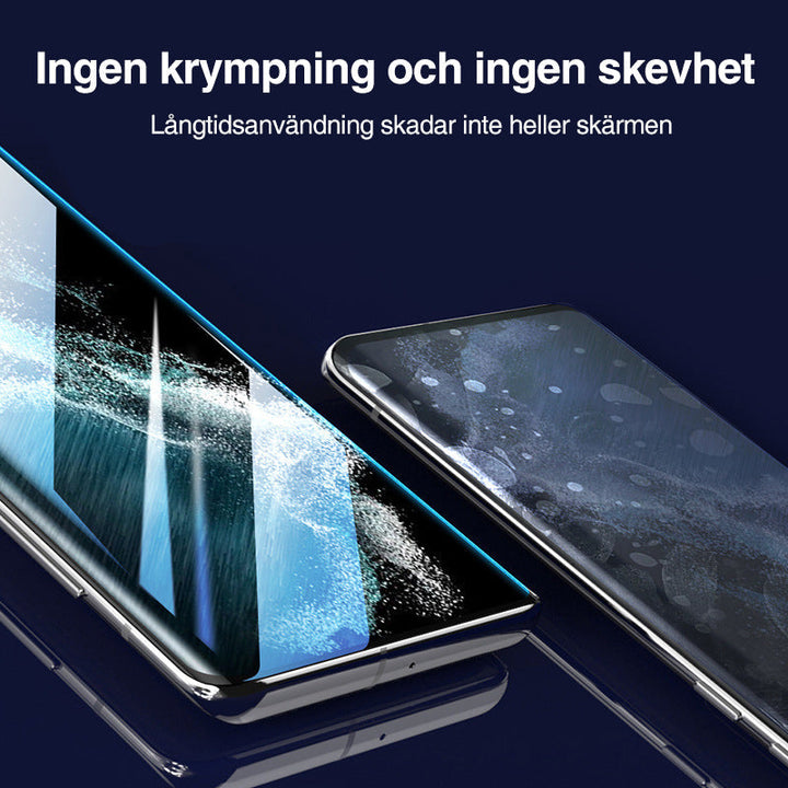 "3D-böjd hybridglas skärmskyddsfilm och återanvändbar installationslåda för Galaxy S23 Ultra skärmskydd."