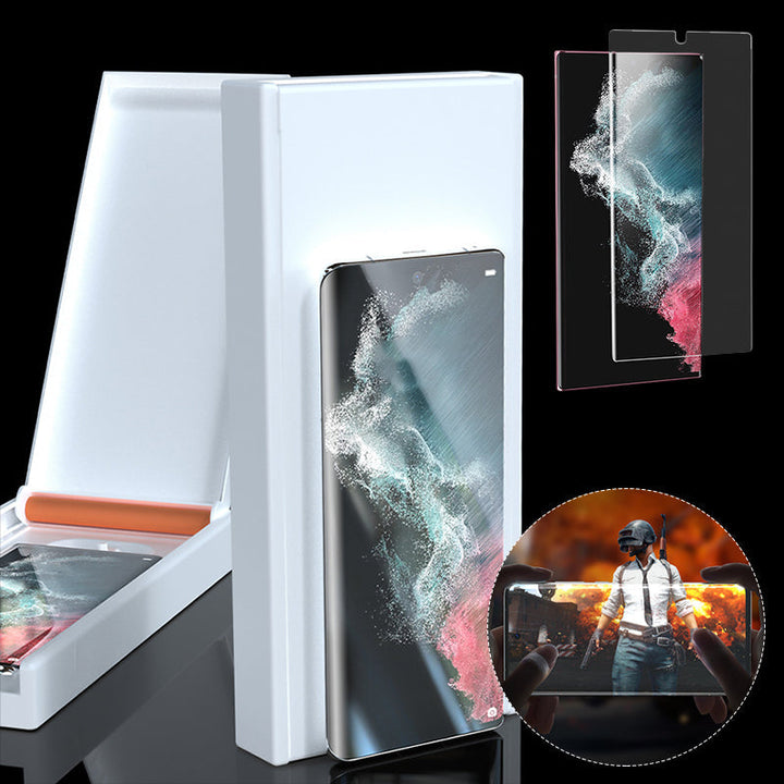 "3D-böjd hybridglas skärmskyddsfilm och återanvändbar installationslåda för Galaxy S23 Ultra skärmskydd."