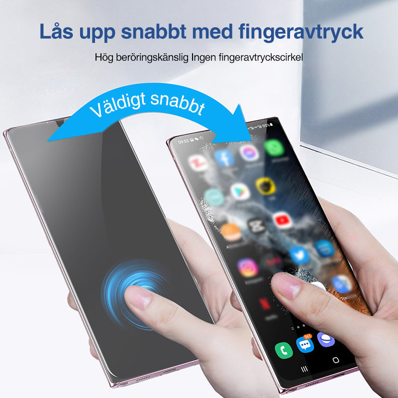 "3D-böjd hybridglas skärmskyddsfilm och återanvändbar installationslåda för Galaxy S23 Ultra skärmskydd."