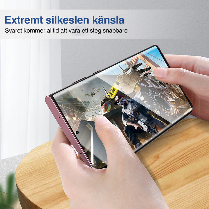 "3D-böjd hybridglas skärmskyddsfilm och återanvändbar installationslåda för Galaxy S23 Ultra skärmskydd."