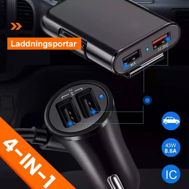 4-i-1 bilbaksätesladdare för snabbladdning, fyra USB-portar, QC3.0 teknik. Perfekt för resor, laddar flera enheter.