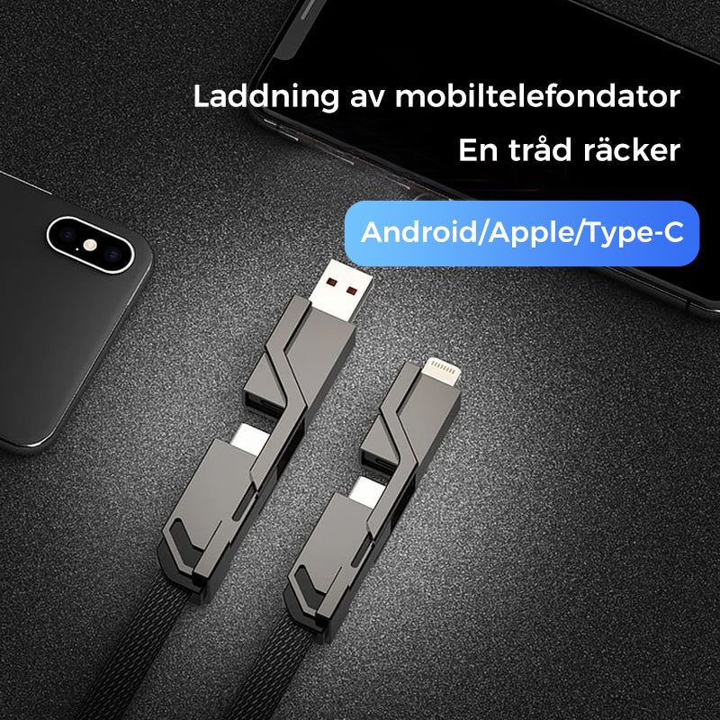 "4-i-1 platt flätad laddningskabel med USB-C, Lightning; anti-trassel design i svart nylon, optimal för snabbladdning"