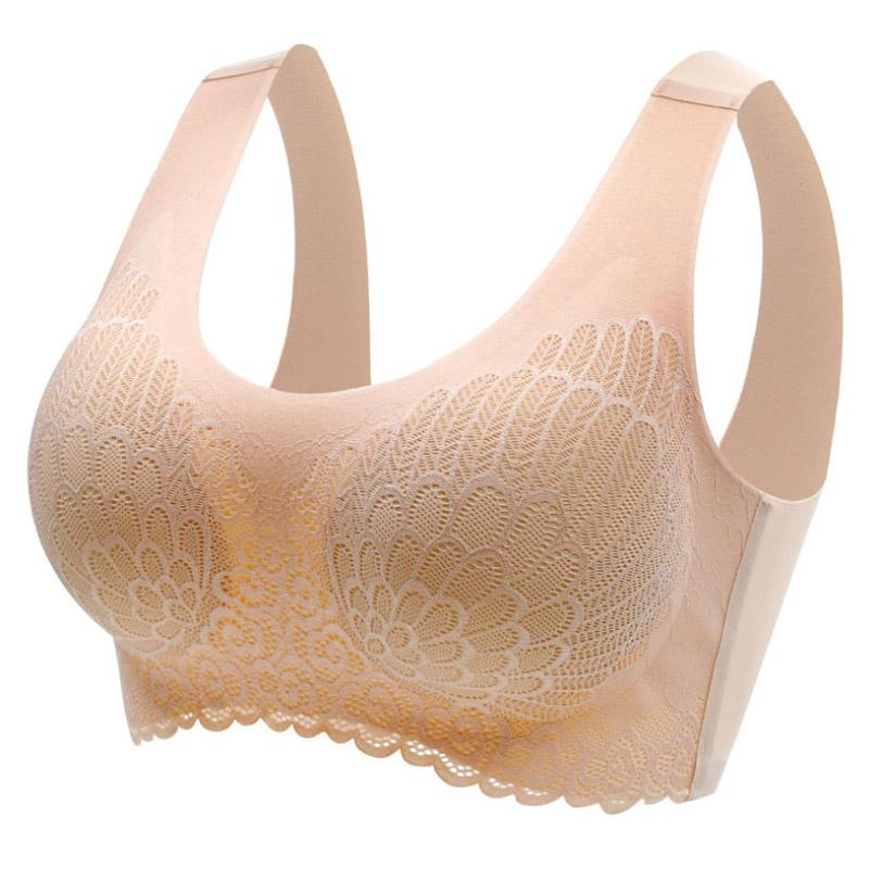 "5D sömlös bygelfri BH för kvinnor, beige, visar bystdämpande design med vadderade axelband och sömlös silhuett."