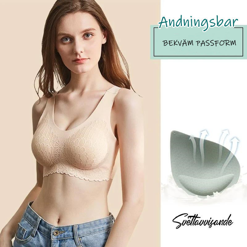 "5D sömlös bygelfri BH för kvinnor, beige, visar bystdämpande design med vadderade axelband och sömlös silhuett."