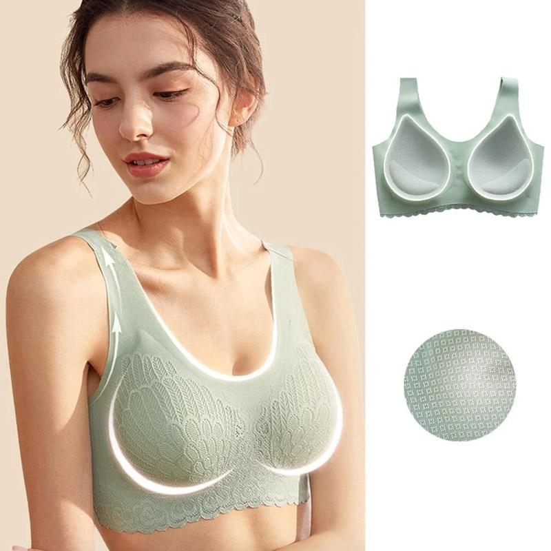 "5D sömlös bygelfri BH för kvinnor, beige, visar bystdämpande design med vadderade axelband och sömlös silhuett."