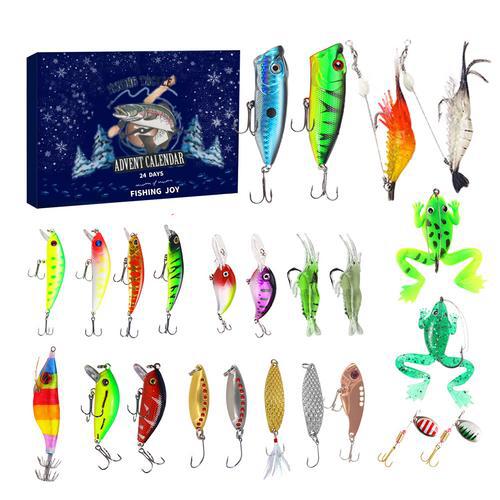 "Adventskalender för fiske med olika färgglada fiskedrag, perfekt för både nybörjare och erfarna fiskare."