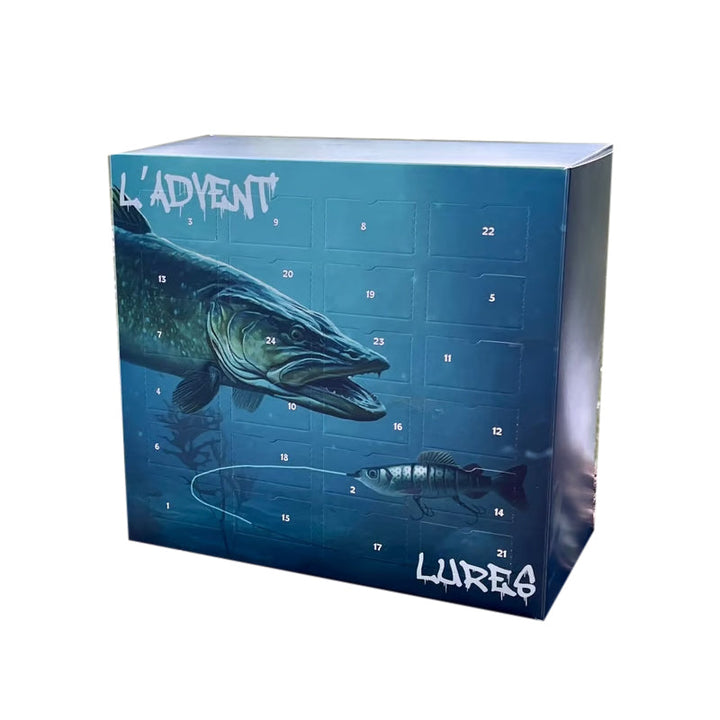 "Adventskalender för fiske med olika färgglada fiskedrag, perfekt för både nybörjare och erfarna fiskare."