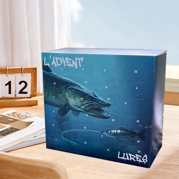 "Adventskalender för fiske med olika färgglada fiskedrag, perfekt för både nybörjare och erfarna fiskare."