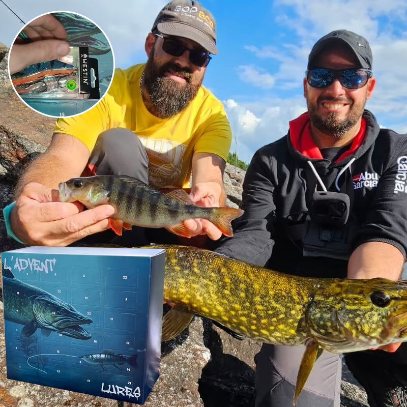 "Adventskalender för fiske med olika färgglada fiskedrag, perfekt för både nybörjare och erfarna fiskare."