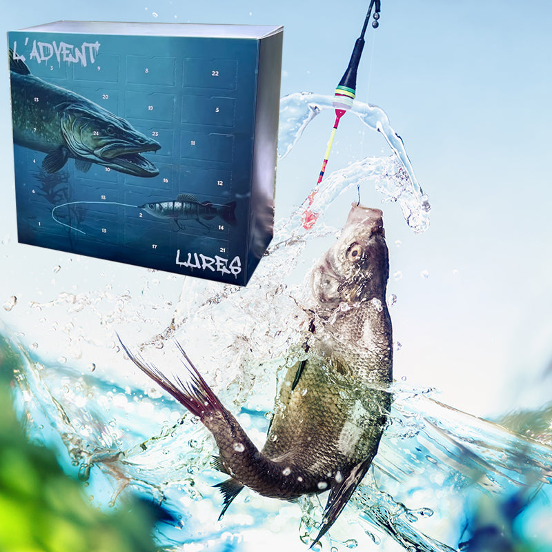 "Adventskalender för fiske med olika färgglada fiskedrag, perfekt för både nybörjare och erfarna fiskare."