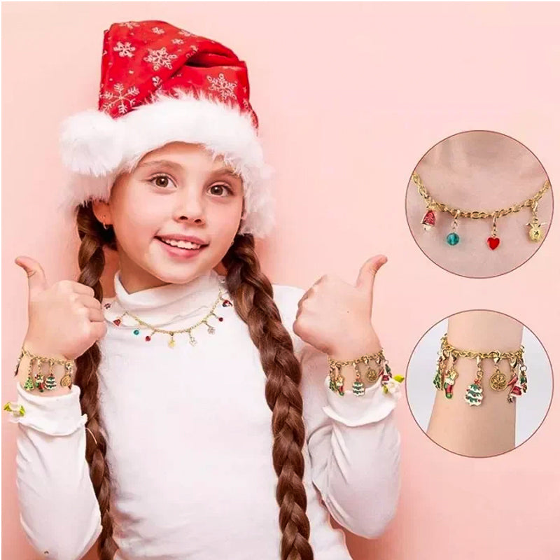 "Adventskalender för flickor med DIY-armband och julmotiv som jultomtar och snöflingor, perfekt för julnedräkning."