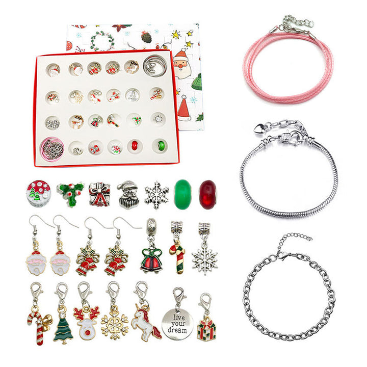 "Adventskalender för flickor med DIY-armband och julmotiv som jultomtar och snöflingor, perfekt för julnedräkning."