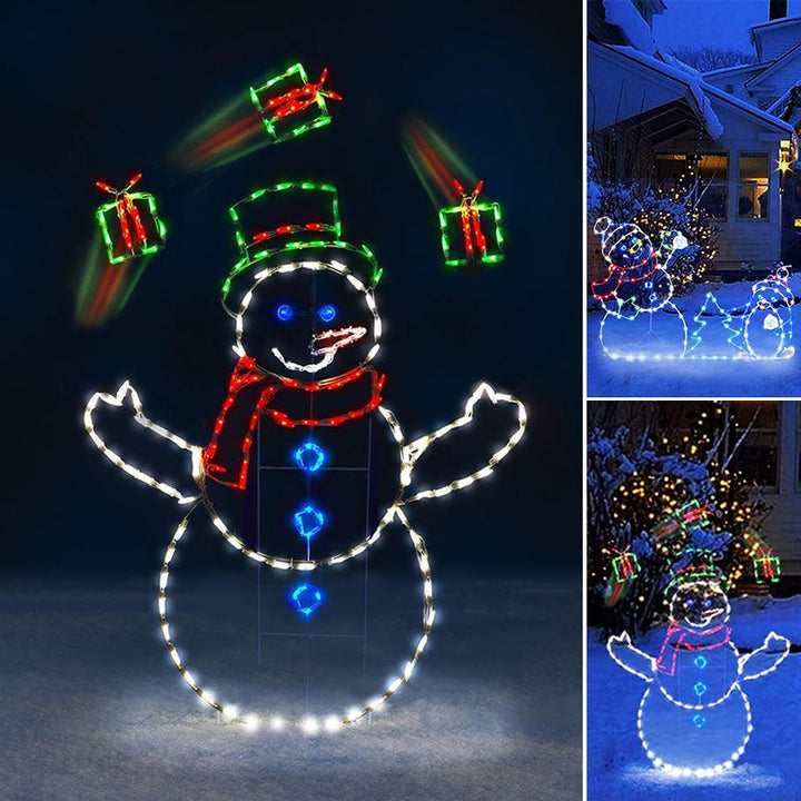 "Animerad snöbollsljus med snögubbe och pingvin, lysande med 195 LED, för festlig utomhus vinterdekoration."