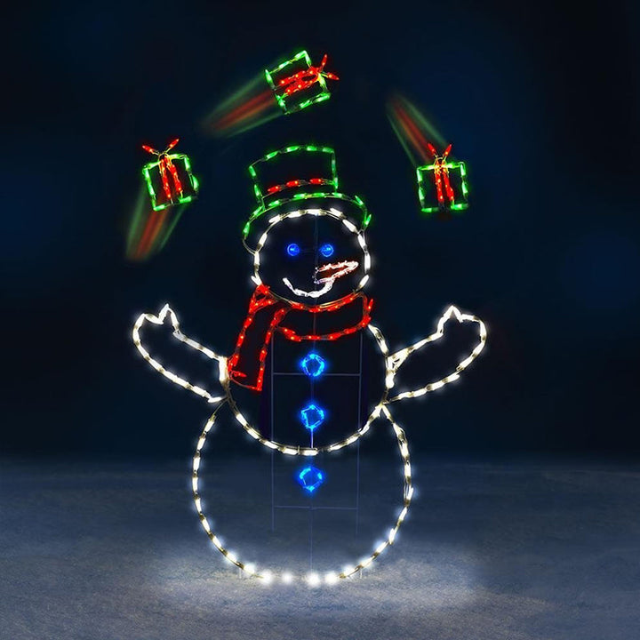 "Animerad snöbollsljus med snögubbe och pingvin, lysande med 195 LED, för festlig utomhus vinterdekoration."