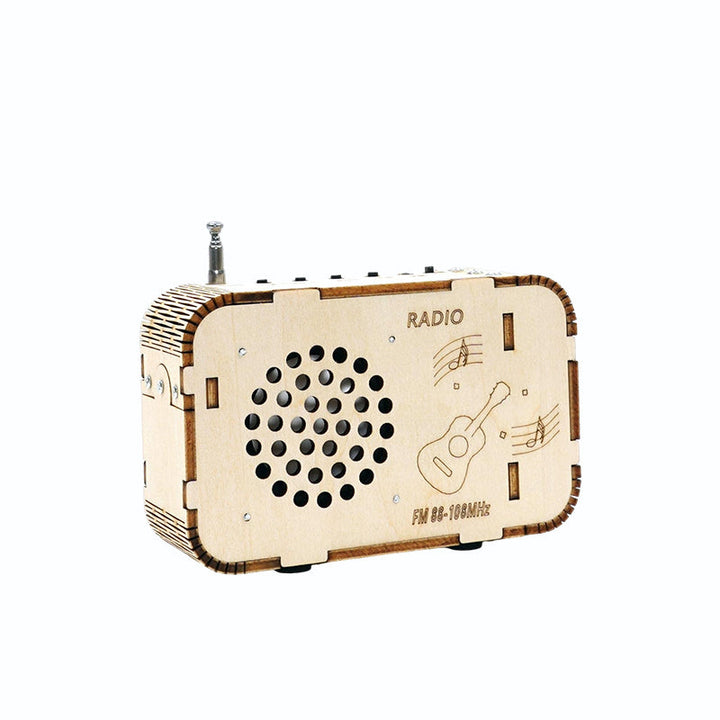 Anpassningsbar DIY-radio för barn och vuxna, trä och elektroniska komponenter, samlas själv, pedagogiskt teknikprojekt.