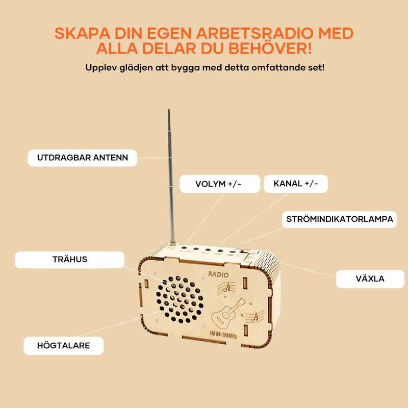 Anpassningsbar DIY-radio för barn och vuxna, trä och elektroniska komponenter, samlas själv, pedagogiskt teknikprojekt.