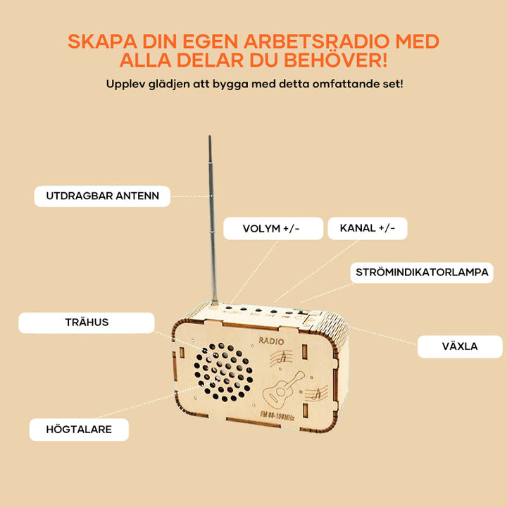 Anpassningsbar DIY-radio för barn och vuxna, trä och elektroniska komponenter, samlas själv, pedagogiskt teknikprojekt.
