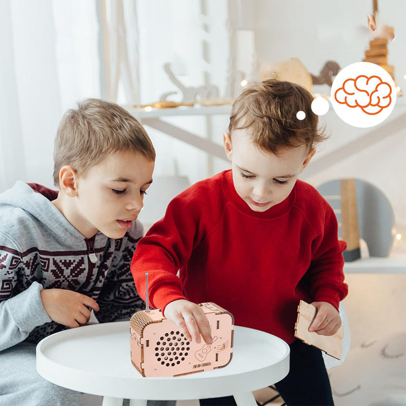 Anpassningsbar DIY-radio för barn och vuxna, trä och elektroniska komponenter, samlas själv, pedagogiskt teknikprojekt.