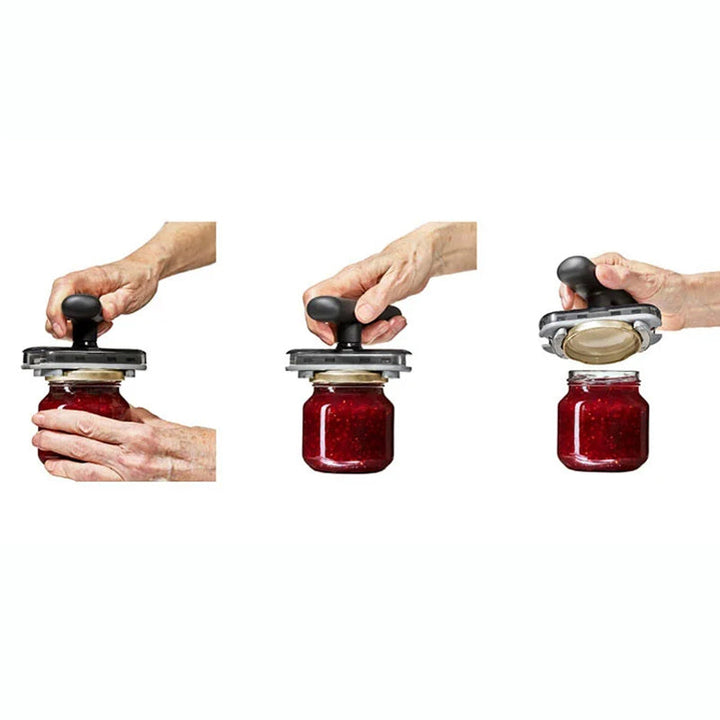 "Arbetsbesparande burköppnare med ergonomiskt handtag, rostfritt stål, justerbar för olika kapsylstorlekar."
