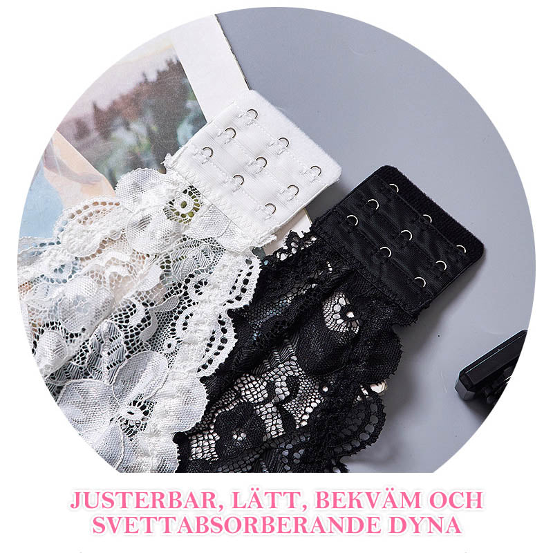 "Axelbandslös dam bandeau BH i spets och spandex, vit färg, elegant spetsmönster, perfekt för sommargarderoben."