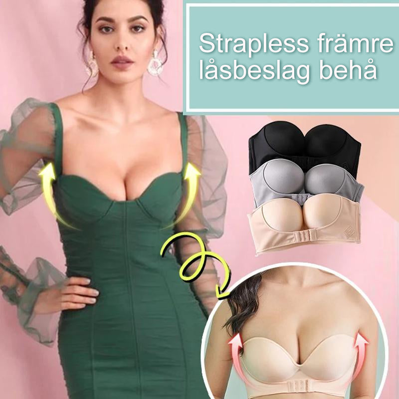 "Axelbandslös dam-BH med framspänne, nyla material, beige, formande stöd, anti-slip design, perfekt för axelbandslösa kläder"