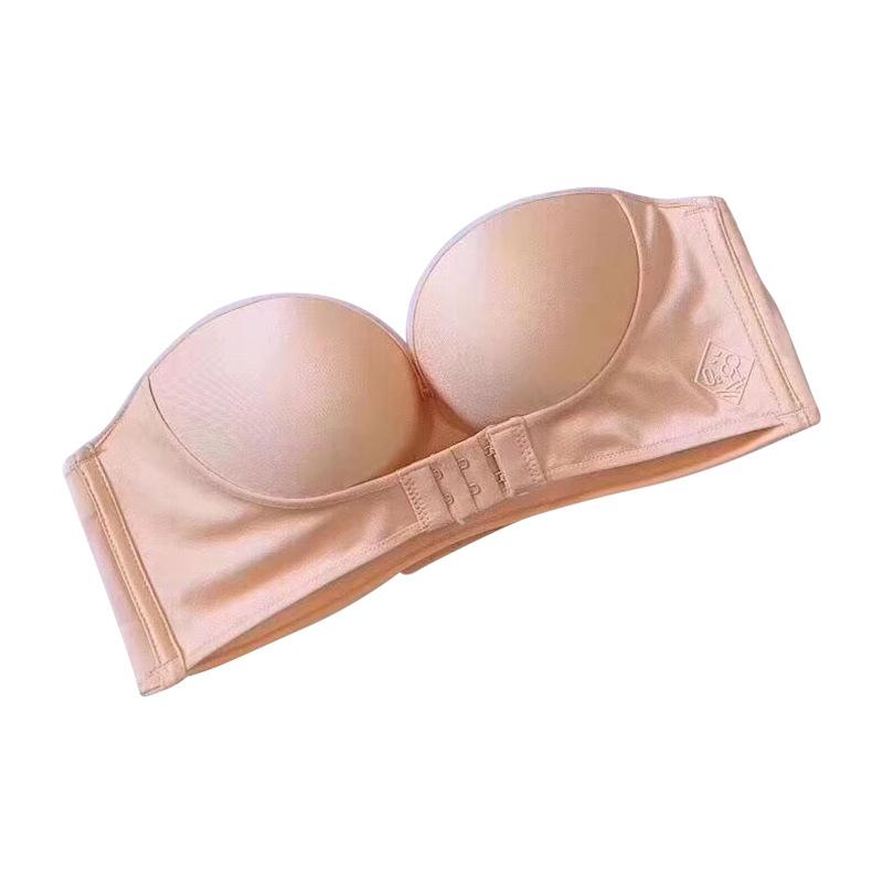 "Axelbandslös dam-BH med framspänne, nyla material, beige, formande stöd, anti-slip design, perfekt för axelbandslösa kläder"