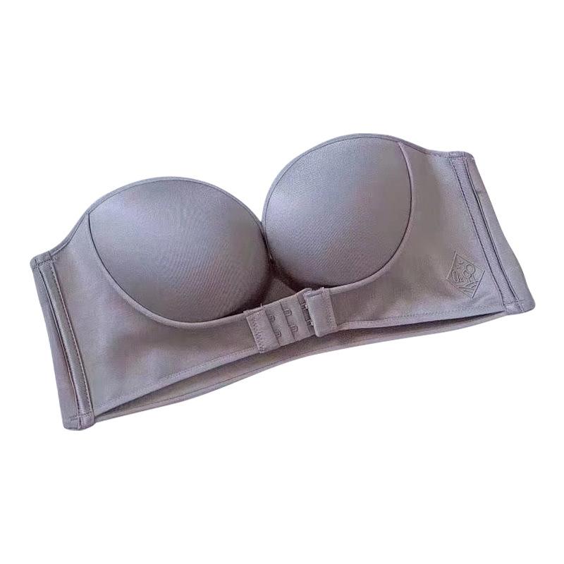 "Axelbandslös dam-BH med framspänne, nyla material, beige, formande stöd, anti-slip design, perfekt för axelbandslösa kläder"