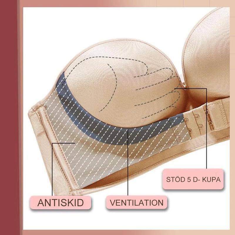 "Axelbandslös dam-BH med framspänne, nyla material, beige, formande stöd, anti-slip design, perfekt för axelbandslösa kläder"