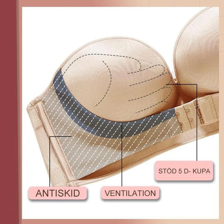 "Axelbandslös dam-BH med framspänne, nyla material, beige, formande stöd, anti-slip design, perfekt för axelbandslösa kläder"