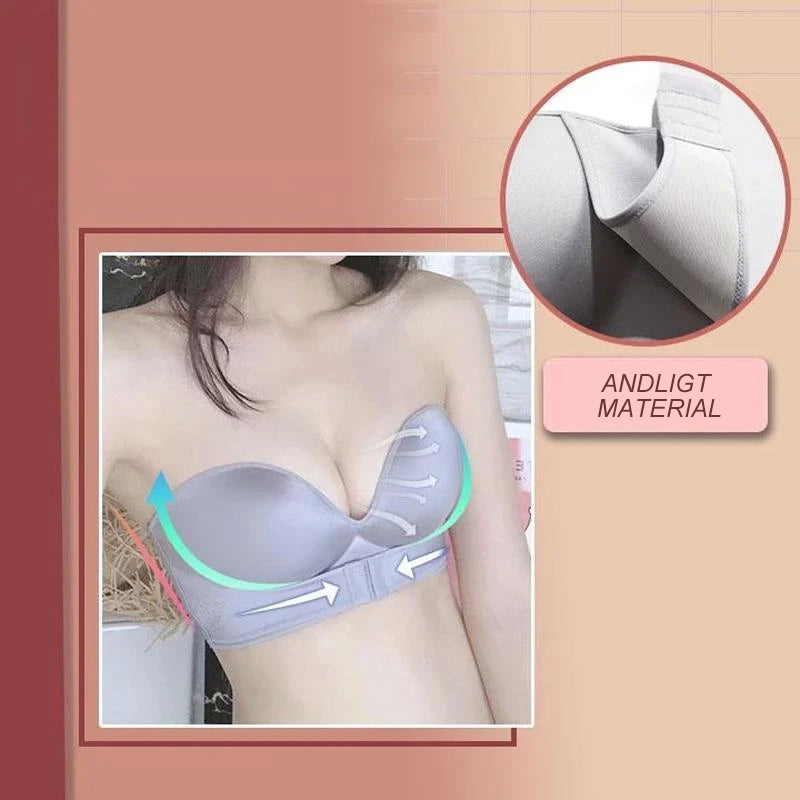 "Axelbandslös dam-BH med framspänne, nyla material, beige, formande stöd, anti-slip design, perfekt för axelbandslösa kläder"