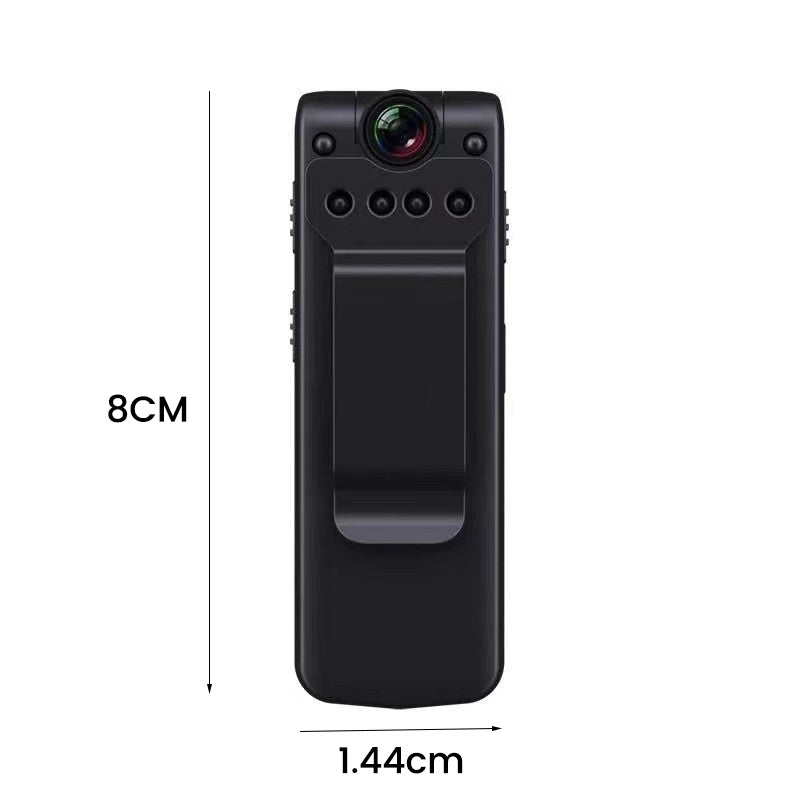 "Bärbar 1080P videoinspelare med mörkerseende, kompakt svart design, 90° roterbar lins för flexibel filmning."