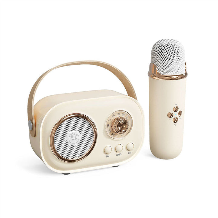 "Bärbar Bluetooth-högtalare för barn med trådlös mikrofon, kompakt design, perfekt för karaoke och musikupplevelser."