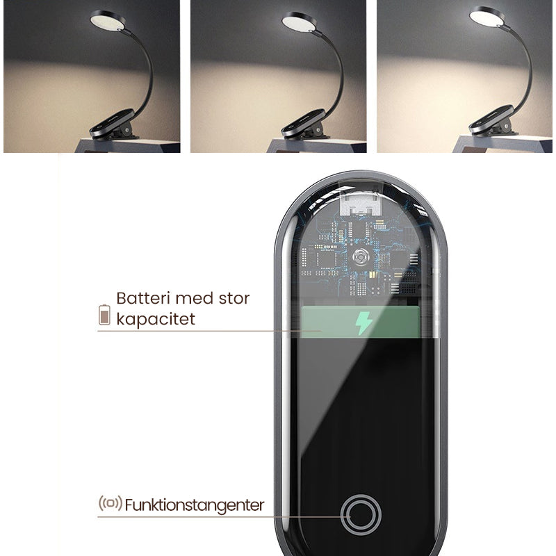 "Bärbar LED-bordslampa med klämma och pekfunktion, flexibel arm, vit design för nattläsning och arbetsyta belysning."