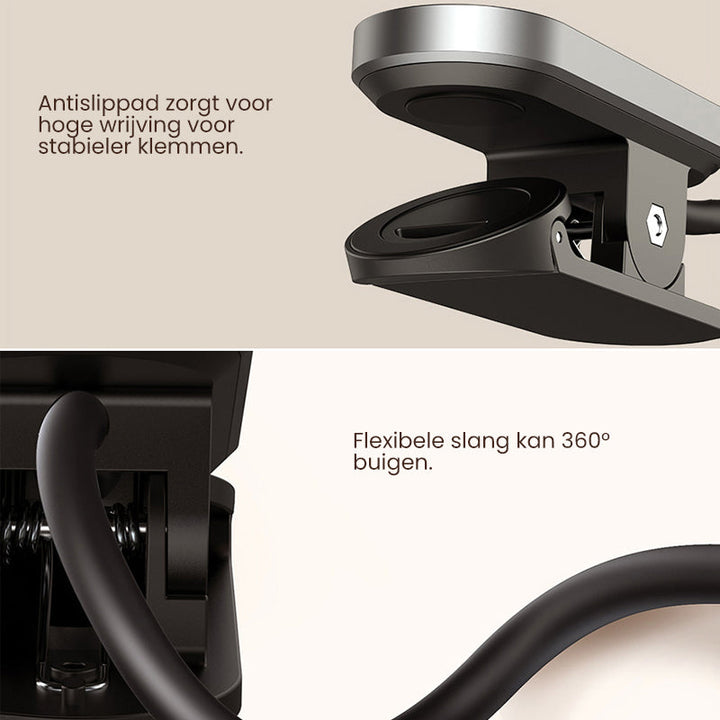 "Bärbar LED-bordslampa med klämma och pekfunktion, flexibel arm, vit design för nattläsning och arbetsyta belysning."