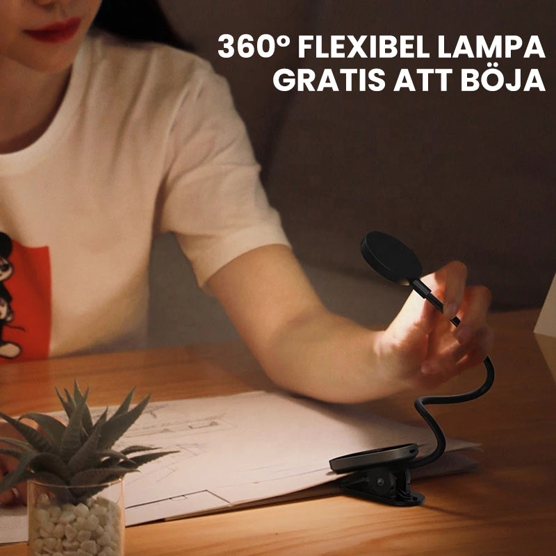 "Bärbar LED-bordslampa med klämma och pekfunktion, flexibel arm, vit design för nattläsning och arbetsyta belysning."