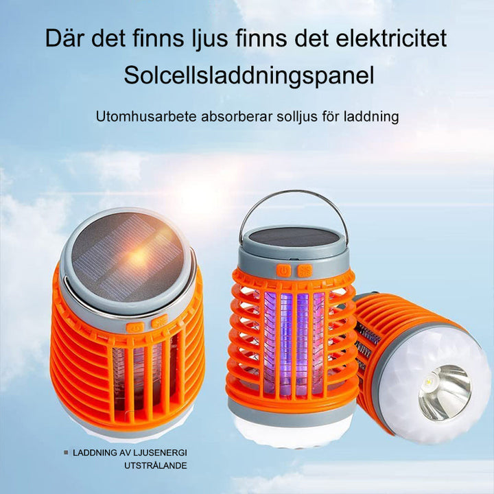Bärbar mygg- och insektsdödare med UV-teknik, kompakt design för utomhus och inomhusbruk, svart och orange detaljer.
