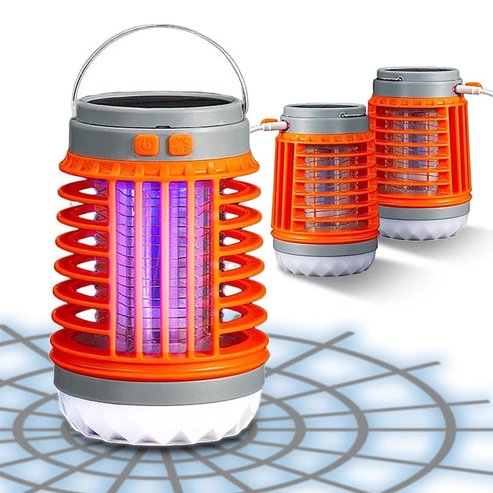Bärbar mygg- och insektsdödare med UV-teknik, kompakt design för utomhus och inomhusbruk, svart och orange detaljer.
