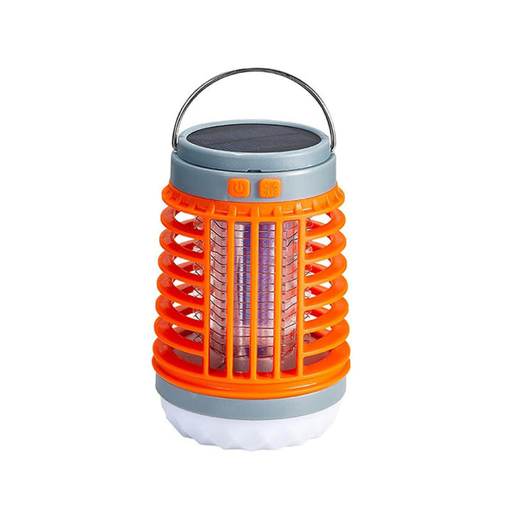 Bärbar mygg- och insektsdödare med UV-teknik, kompakt design för utomhus och inomhusbruk, svart och orange detaljer.
