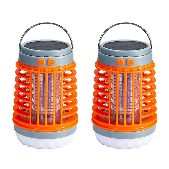 Bärbar mygg- och insektsdödare med UV-teknik, kompakt design för utomhus och inomhusbruk, svart och orange detaljer.