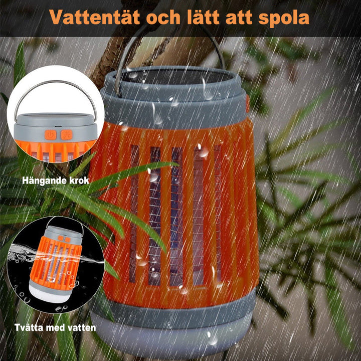 Bärbar mygg- och insektsdödare med UV-teknik, kompakt design för utomhus och inomhusbruk, svart och orange detaljer.