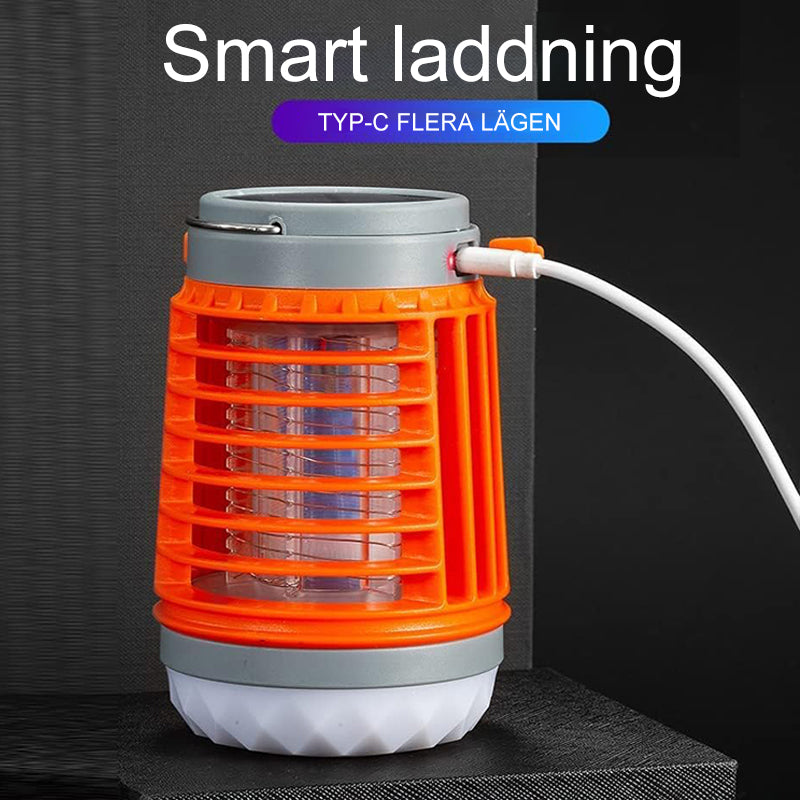 Bärbar mygg- och insektsdödare med UV-teknik, kompakt design för utomhus och inomhusbruk, svart och orange detaljer.