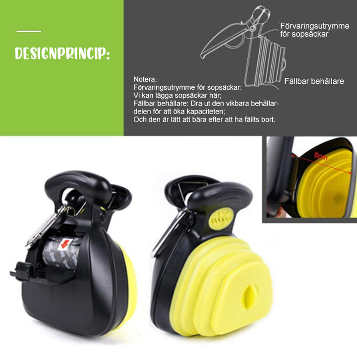 "Bärbar pooper scooper för hundar, plast, blå färg, med inbyggt påsfack. Praktisk för promenader, håller händerna rena."