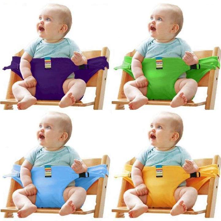 "Bärbar säkerhetssele för babymatstol, justerbara band, idealisk för resor, kompakt design, trygg och säker användning."