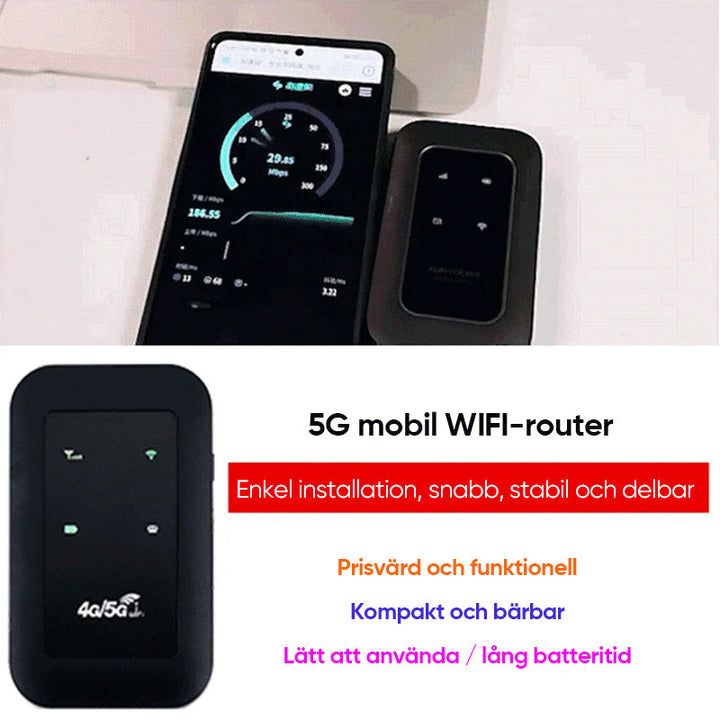 "Bärbar trådlös WiFi-router med 4G/5G-antenn, kompakt design, vit färg, 2100mAh batteri för lång användningstid."