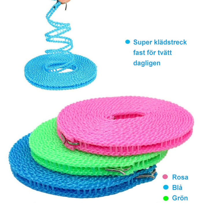 Bärbart klädstreck i polyeten, grön färg, enkel att justera med krokar, för hem och camping, 5 meter lång.
