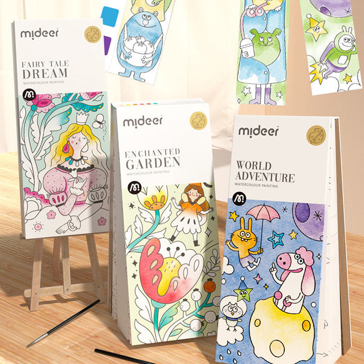 "Barn fickakvarell målningsbok med färgglada illustrationer, säker för små händer, främjar kreativitet och lärande."