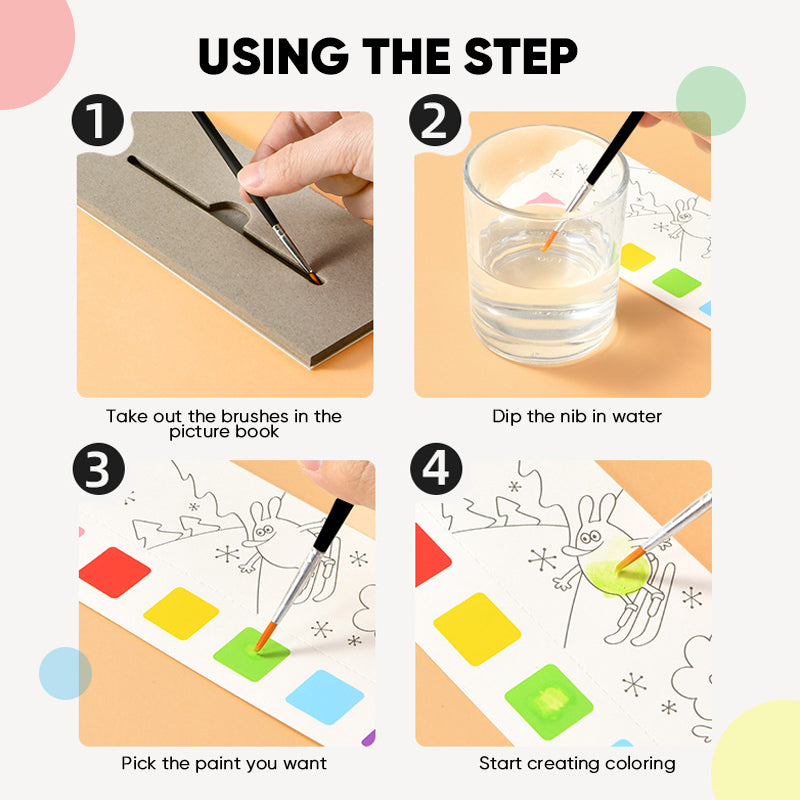 "Barn fickakvarell målningsbok med färgglada illustrationer, säker för små händer, främjar kreativitet och lärande."