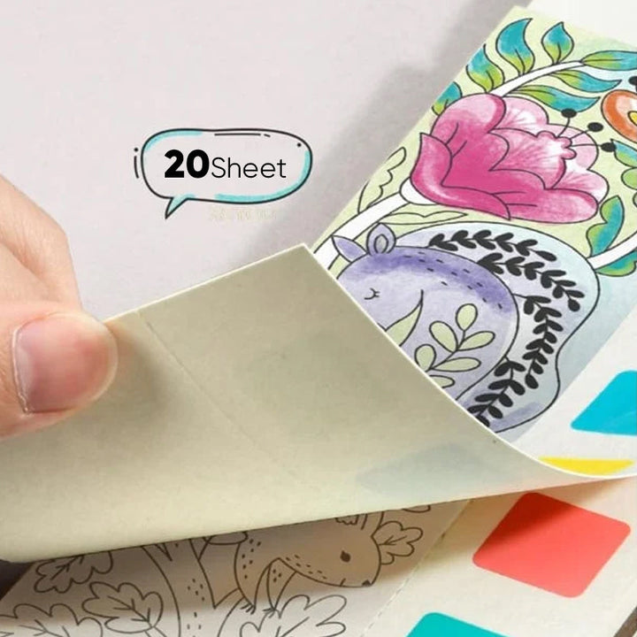 "Barn fickakvarell målningsbok med färgglada illustrationer, säker för små händer, främjar kreativitet och lärande."